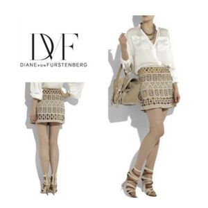 Diane von Furstenberg JUNTA Silk Laser Cut-Out Beaded W/ Leopard Mini Skirt Sz 0